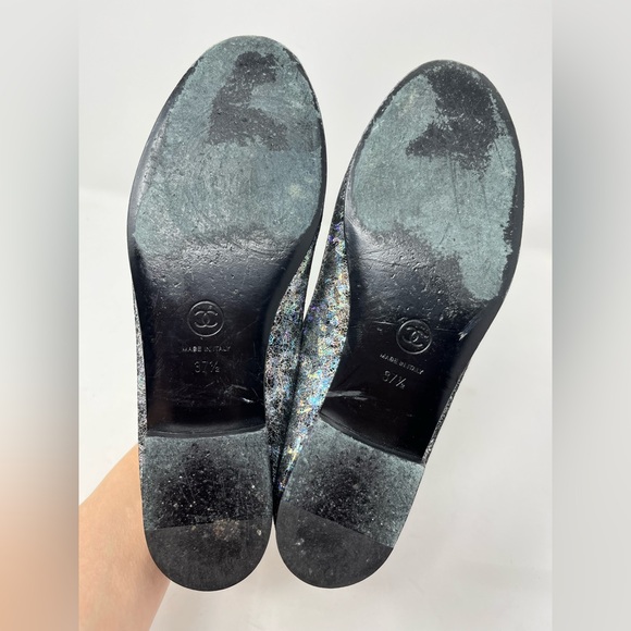 Chanel Limited Edition Metallic Silver Black Cap Toe CC Ballet Flat Bow 37.5 - Picture 10 of 11